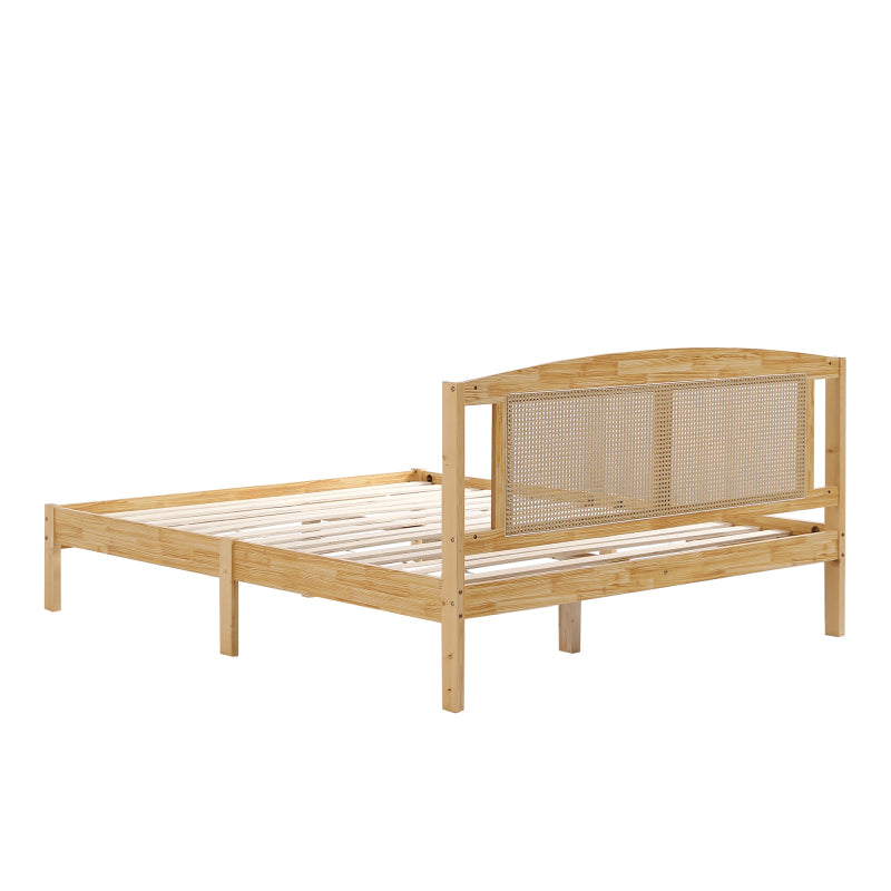 Doppelbett, Rattanbett, Jugendbett Erwachsenenbett 160X200cm, Rattannetzkissen, mit 15 Latten und Mittelfüße, Kiefer + PE-Rattan, Natur