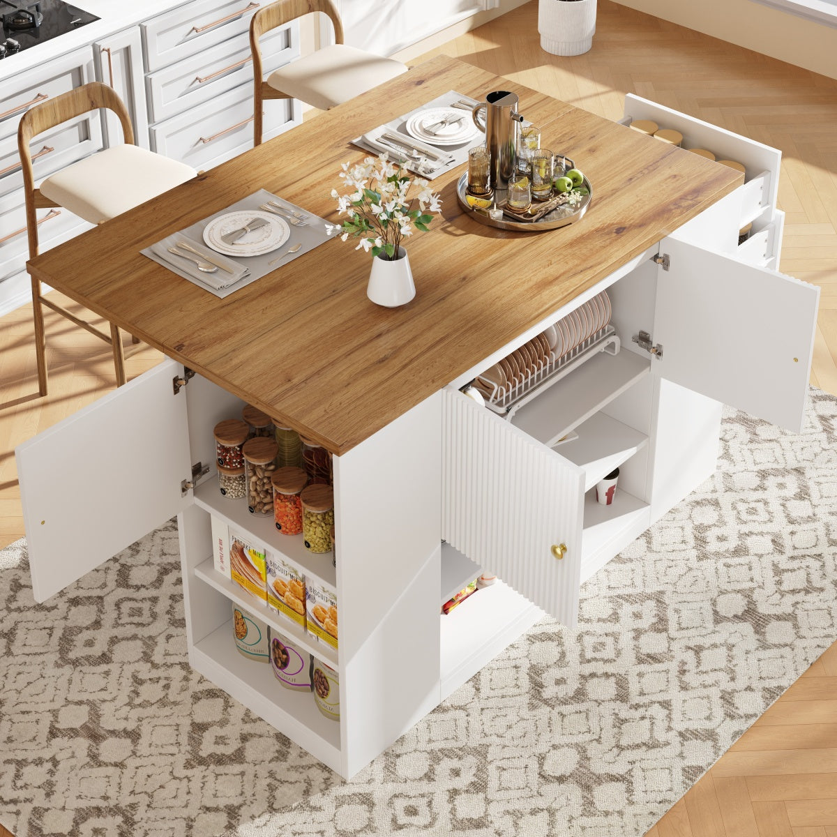 Moderne Kücheninsel Weiß, Küchenschrank mit klappbarer Arbeitsplatte, Sideboard mit Schubladen & Regalen, Esstisch & Servierwagen, 140x70cm