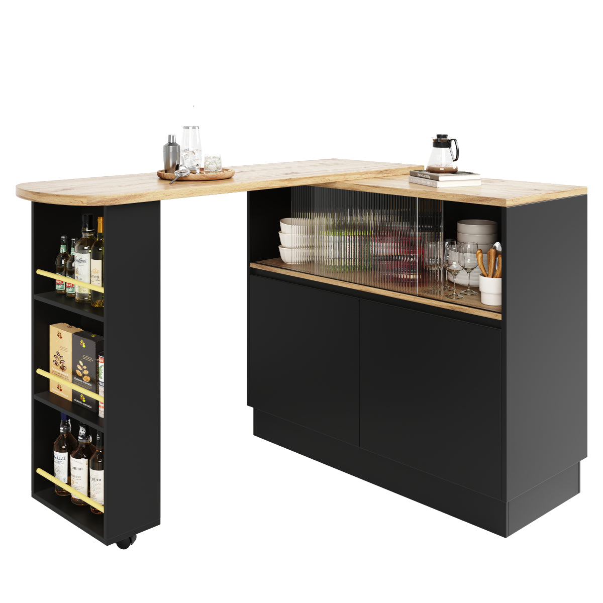Kücheninsel mit 360° Rotation, Barschrank mit Glasschiebetür & Stauraum, Weiß & Holzoptik, multifunktionaler Küchentisch & Sideboard