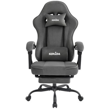 Gaming Stuhl Stoff, Ergonomischer Gaming Chair mit Fußstütze, Verstellbarer Racing Computerstuhl mit Lordosenstütze, Grau Ergonomisch PC-Stuhl