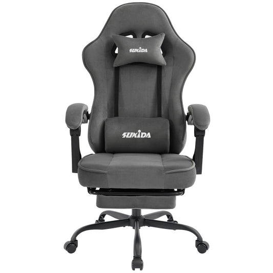 Gaming Stuhl Stoff, Ergonomischer Gaming Chair mit Fußstütze, Verstellbarer Racing Computerstuhl mit Lordosenstütze, Grau Ergonomisch PC-Stuhl