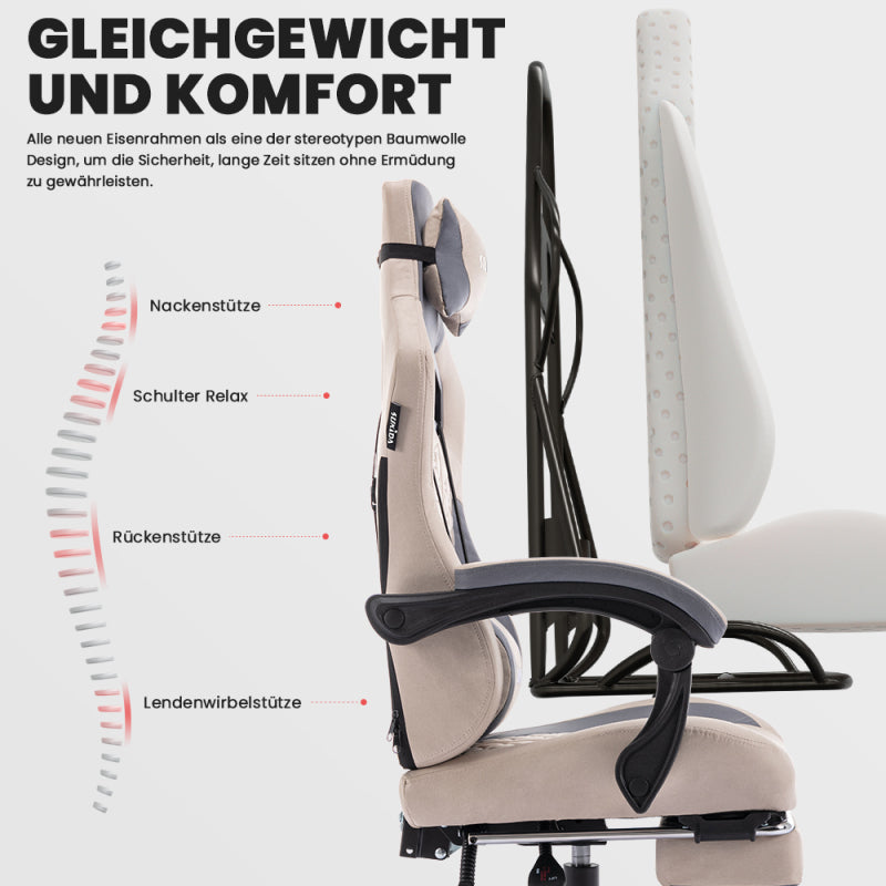 Gaming Stuhl, Ergonomischer Gaming-Stuhl mit Fußstütze, Racing Gaming Chair Kopfstütze Verstellbarer Computerstuhl Höhenverstellbar Lendenwirbelstütze für Homeoffice und Gaming Beige