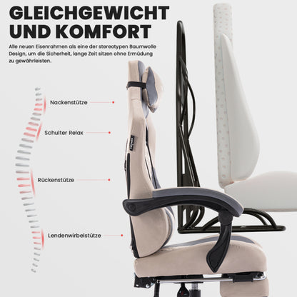 Gaming Stuhl, Ergonomischer Gaming-Stuhl mit Fußstütze, Racing Gaming Chair Kopfstütze Verstellbarer Computerstuhl Höhenverstellbar Lendenwirbelstütze für Homeoffice und Gaming Beige
