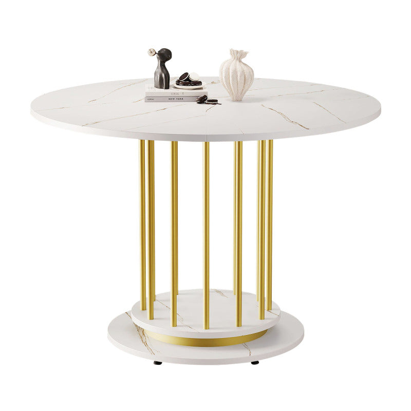 Runder Esstisch mit Marmoroptik Modernes Design mit Metallgestell, Weiß+Gold
