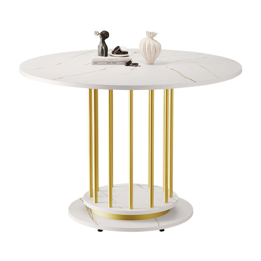 Runder Esstisch mit Marmoroptik Modernes Design mit Metallgestell, Weiß+Gold