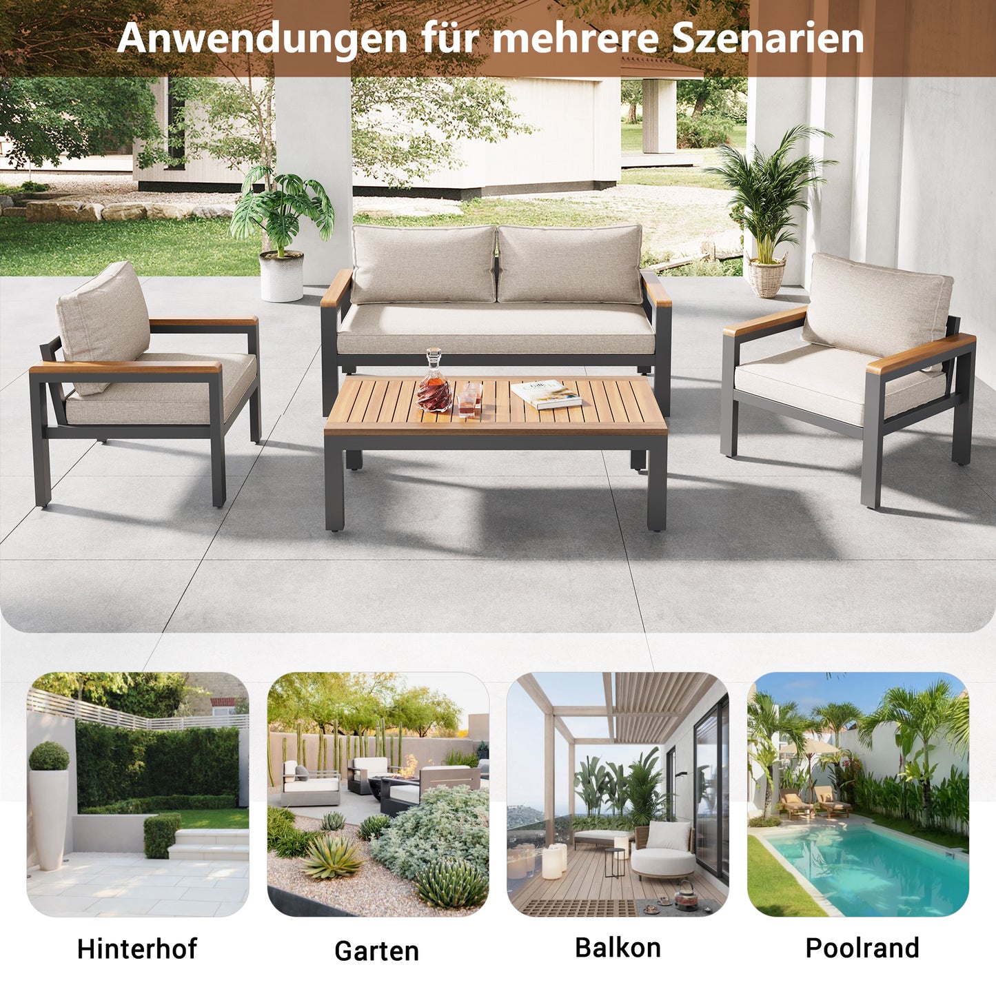 Loungeset, Gartenmöbel-Set mit Rahmen aus verzinktem Stahl, (breites Set, 4-teiliges Esstisch-Set, 1x 2-Sitzer-Sofa, 2x Einzelstühle, 1x Tisch), Akazienholz Tischplatte und Armlehnen,Beige