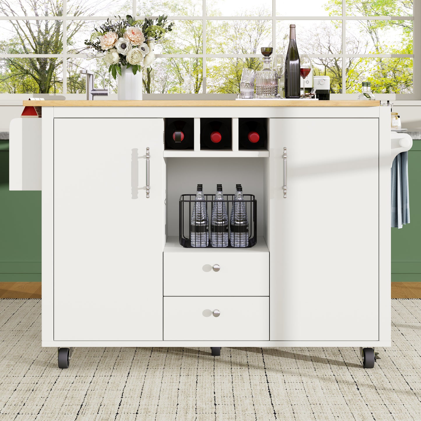 Kücheninsel Buffetschrank 120x73x92cm Küchenwagen mit klappbarer Arbeitsplatte Gewürzregal Weinregal und verstellbaren Ablagen Weiß