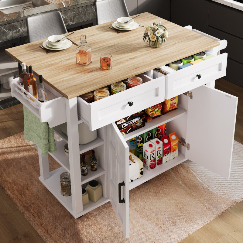 Kücheninsel mit herausnehmbaren Trennwänden, Speisewagen mit Arbeitsplatte, Buffetschrank, Speisewagen mit Holzmaserung, Handtuchhalter beidseitig mit Rollen, weiß