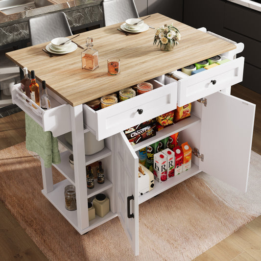 Kücheninsel mit herausnehmbaren Trennwänden, Speisewagen mit Arbeitsplatte, Buffetschrank, Speisewagen mit Holzmaserung, Handtuchhalter beidseitig mit Rollen, weiß