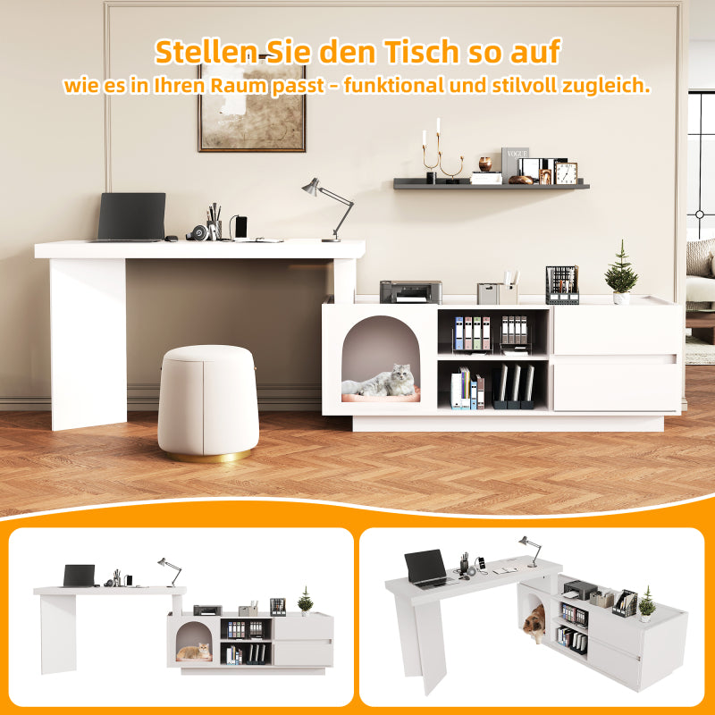 Eckschreibtisch mit integriertem Tierhaus, L-förmig oder einteilig, flexible Montage, Eckschreibtisch für Home Office mit XL-Tierhöhle, White