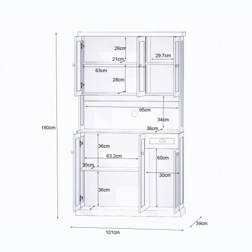 Buffetschrank 180 cm hoch, Anrichte in Holzoptik, Küchenschrank mit Schublade & offenem Fach