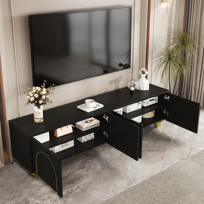 TV-Schrank, lowboard mit strukturierten Türen, goldenen Verzierungen, goldenen runden Beinen, inklusive Einlegeböden, push-to-open