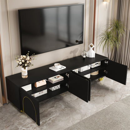 TV-Schrank, lowboard mit strukturierten Türen, goldenen Verzierungen, goldenen runden Beinen, inklusive Einlegeböden, push-to-open
