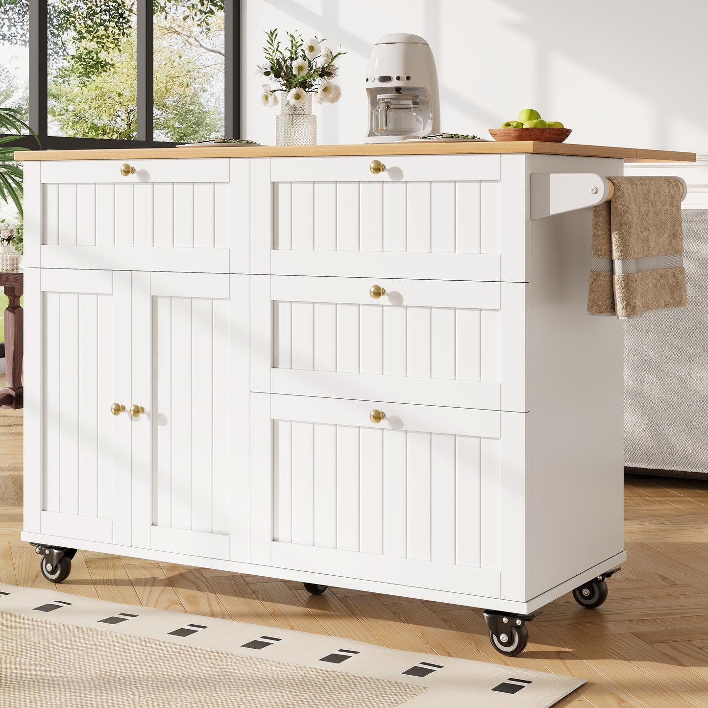 Moderne Kücheninsel, Küchenschrank, buffetschrank, Speisewagen mit Holzmaserung, buffetschrank, Multifunktionale Esstisch mit Speicherraum, Speisewagen mit Stretchfunktionsschränken, weiß