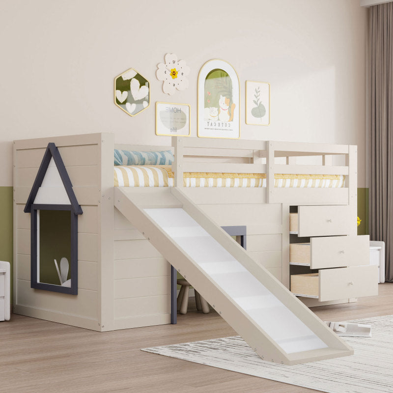 90 x 200 niedriges Hochbett mit Rutsche, drei Schubladen und zwei Türen, Creme