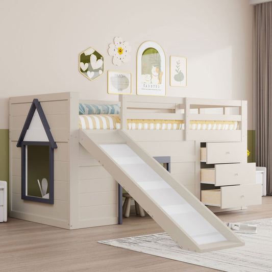 90 x 200 niedriges Hochbett mit Rutsche, drei Schubladen und zwei Türen, Creme