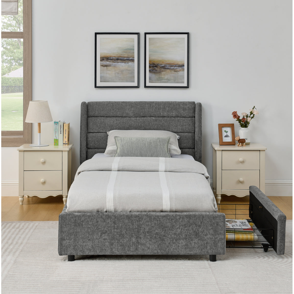 Einzelbett 90×200 cm mit Chenille-Oberfläche & 2 Schubladen, stabiles Bettgestell aus Holz/Metall, ideal für Kinder-, Jugend- & Gästezimmer, Gray (ohne Matratze)