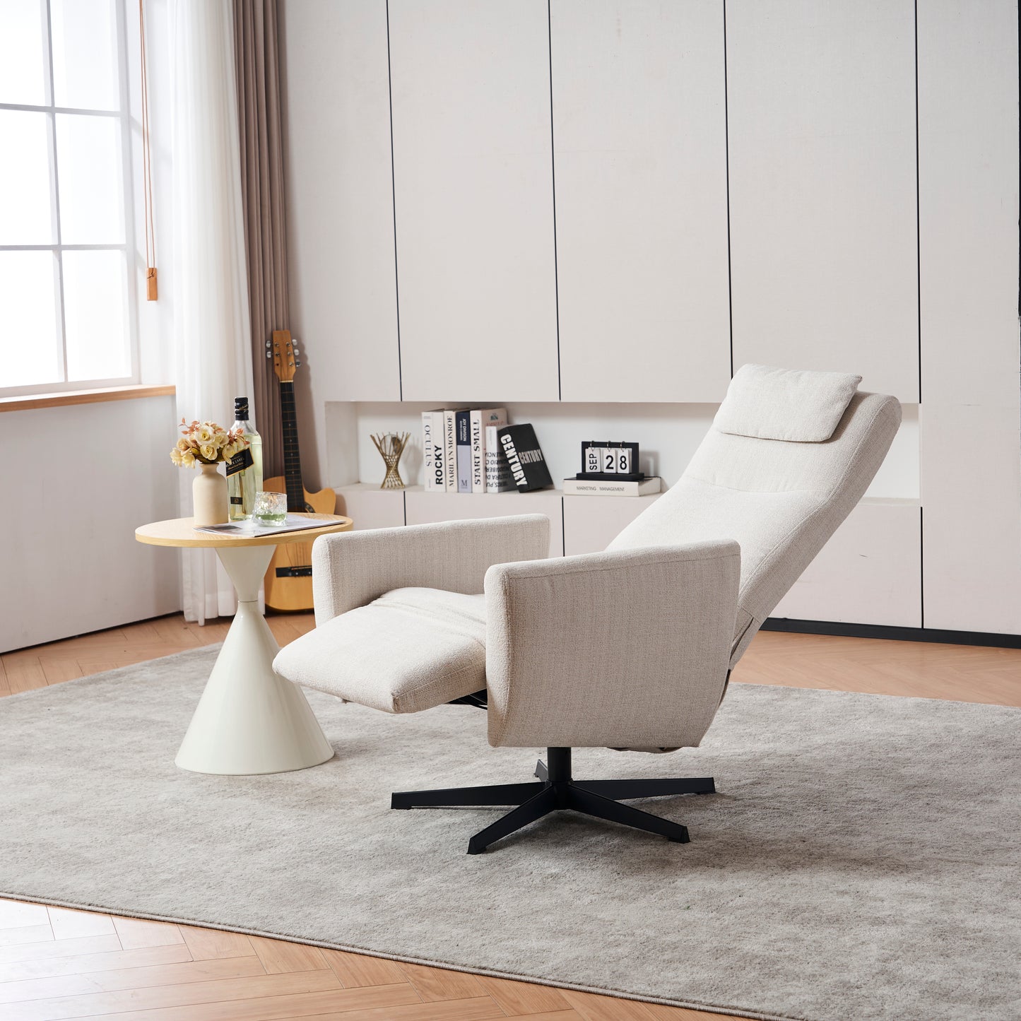 Bequemer Relaxsessel mit Liegefunktion – Chenille Fernsehsessel mit Fußstütze, drehbarer Stillsessel & Loungesessel für Wohnzimmer, modernes Sofa, Beige