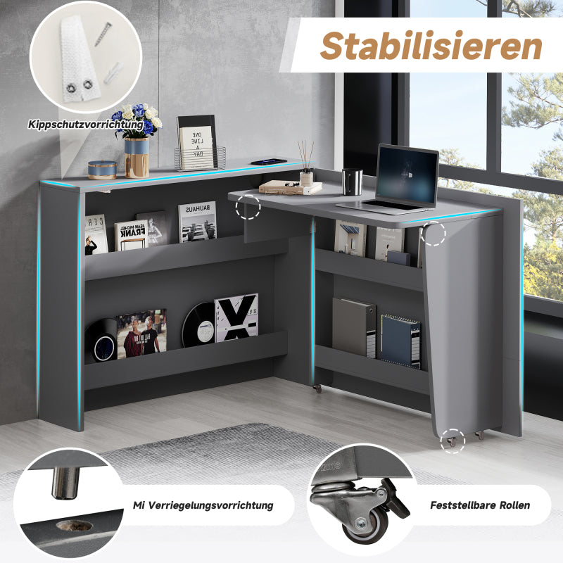 Faltbarer Schreibtisch mit Rollen & Wireless Charger–2-in-1 Sideboard & Arbeitsplatz, 115×27×93 cm (geschlossen, 95×51cm) Grey