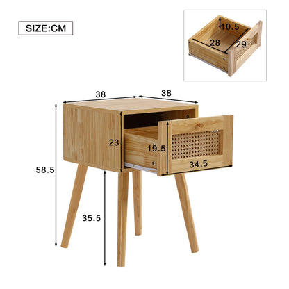 Klassischer Nachttisch mit ein Schubladen, mit Rattan-Schubladenplatte, mit goldfarbenem Metallgriff und lange Holzbeine, Stauraum im Wohnzimmer und Schlafzimmer, Spanplatten+PE-Rattan, Natur