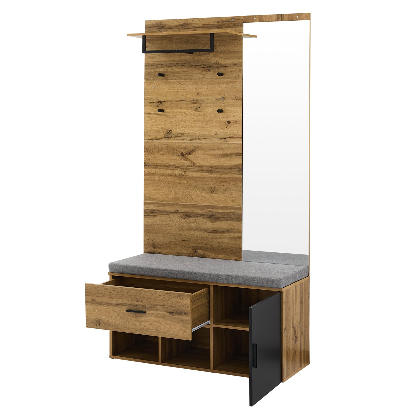 Garderoben Set in Holzoptik mit Spiegel, Schuhbank (104 x 39 cm) mit Polster, Schuhschrank, Schublade, Regal, Kleiderhaken – Praktisches Design für den Eingangsbereich