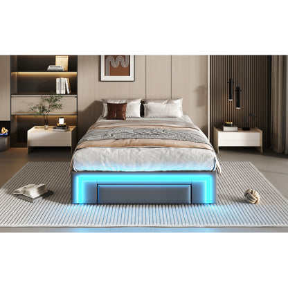 Bettgestell 90X200 mit Schubladen, PU-Leder Bett ohne Kopfteil Mit LED-Lichtleiste, MetalllattenPlattformbett für moderne Schlafzimmer Grau