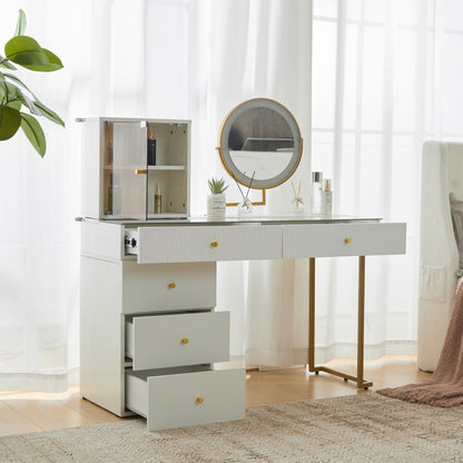 Schminktisch-Set mit LED-beleuchtetem Spiegel, transparenter Tischplatte aus gehärtetem Glas, Schminktisch-Seite und Schrank, elegante Möbel, weiß, Maße: 120 x 45 x 115 cm(ohne Hocker)