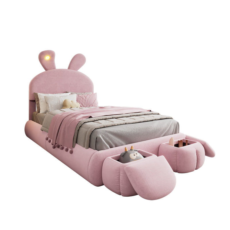 Polsterbett, Einzelbett, Hasenohren mit einstellbarer Helligkeit warmfarbenen Lichtstreifen, mit zwei Aufbewahrungshockern, Kinderbett mit Holzlatten, Samt, Rosa, 90x200cm