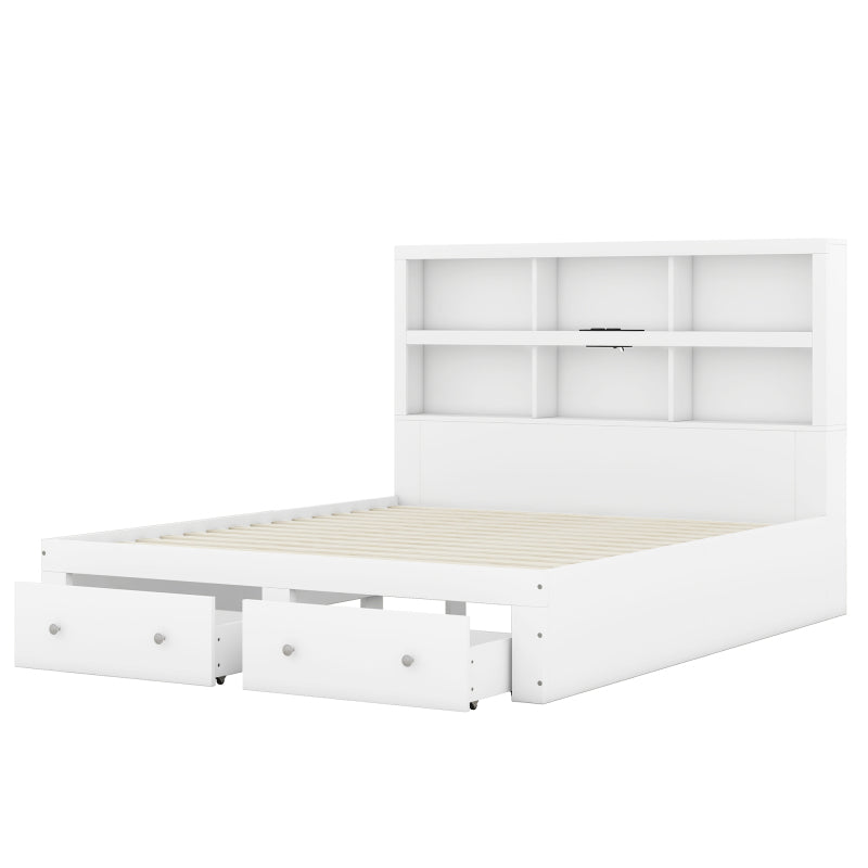 160*200cm Doppelbett, Kingsize-Plattformbett mit zwei Schubladen am Fußende des Bettes, Kopfteil mit Stauraum, Weiß