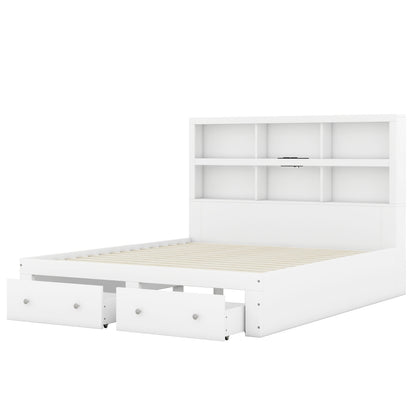 160*200cm Doppelbett, Kingsize-Plattformbett mit zwei Schubladen am Fußende des Bettes, Kopfteil mit Stauraum, Weiß
