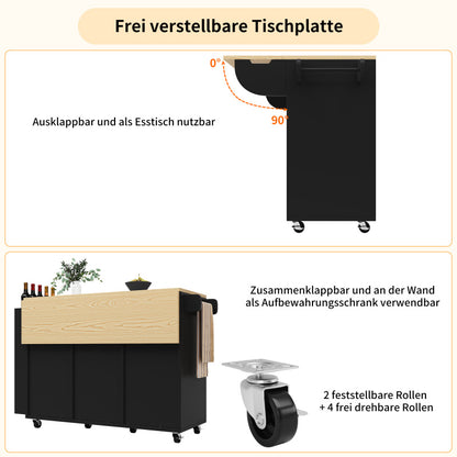 Küchenschrank, Servierwagen mit Holzmaserung, Küchenwagen mit rollen und arbeitsplatte, Küchenwagen mit Gewürzregal und Handtuchhalter, Kücheninsel mit Schiebetüren und Schubladen, schwarz