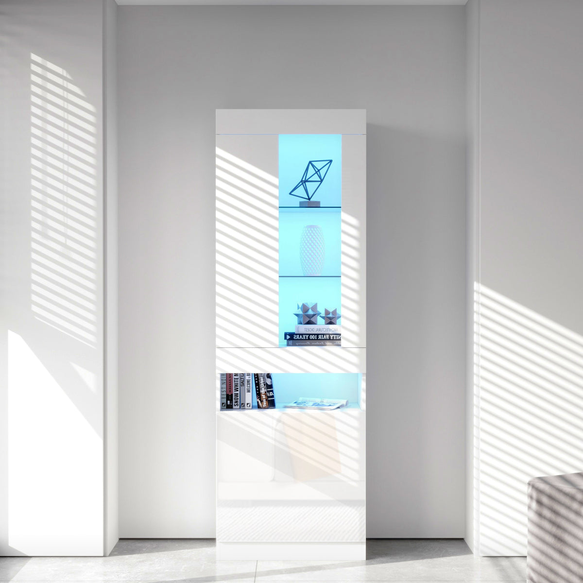 Schwarze LED-Vitrine mit 2 Glastüren - Standvitrine inkl. Beleuchtung, Freistehender Schrank für Wohnzimmer, Buffetschrank & Sammlervitrine, Weiß