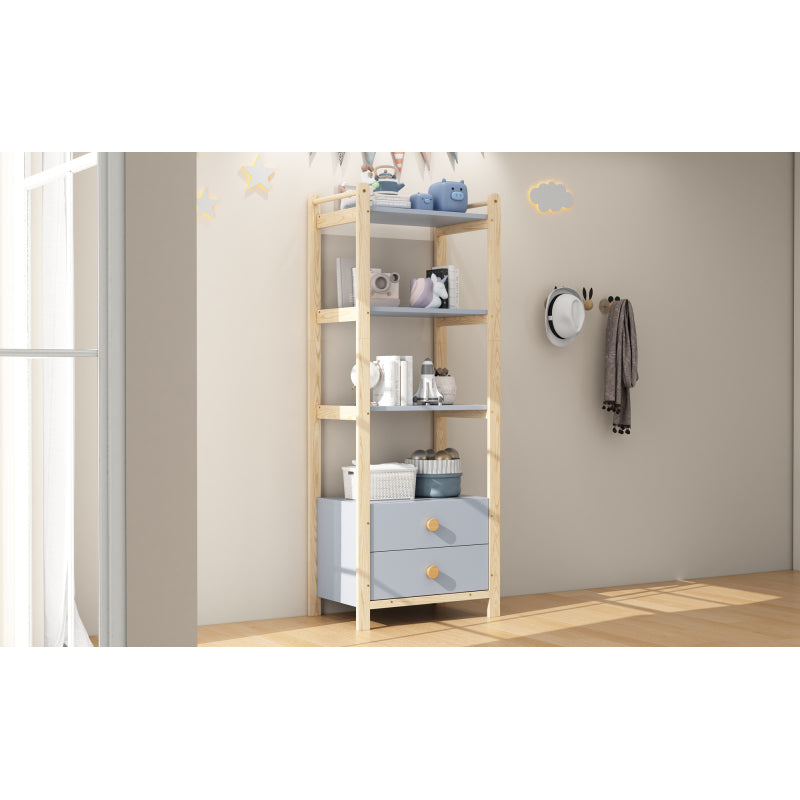 Standregal, 2 Schubladen, 4 Ebenen Bücherregal, Kieferrahmen, Vollholzgriffen, für Wohnzimmer, Schlafzimmer, Bücherzimmer, blau+natürliches Holz