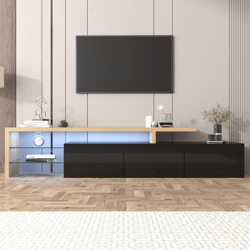 Modernes TV-Schrank-Design: Stilvolle Eleganz, praktischer Stauraum, Hochglänzendes Schwarz, Holzoptik, Glasböden, LED-Beleuchtung