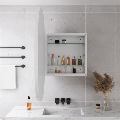 Stylish Oval Mirror Cabinet, Recessed Medicine Cabinet, Wall Cabinet with Metal Framed, Mirror and Adjustable Shelves, Mirror Cabinet with Storage for Bathroom, Living Room and Bedroom, White