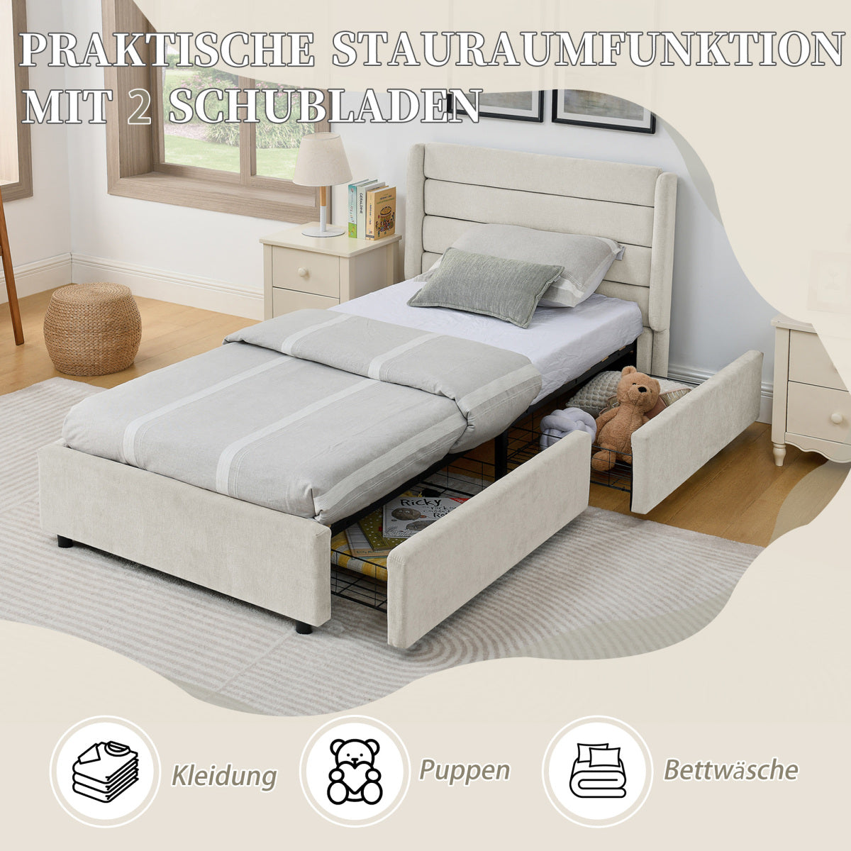 Einzelbett 90×200 cm mit Chenille-Oberfläche & 2 Schubladen, stabiles Bettgestell aus Holz/Metall, ideal für Kinder-, Jugend- & Gästezimmer, Beige (ohne Matratze)