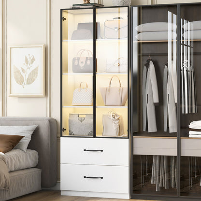Glasvitrine, Bücherregal und Multifunktionsschrank mit Beleuchtung und Schubladen, mehrfarbige LED, 60×40×160 cm White