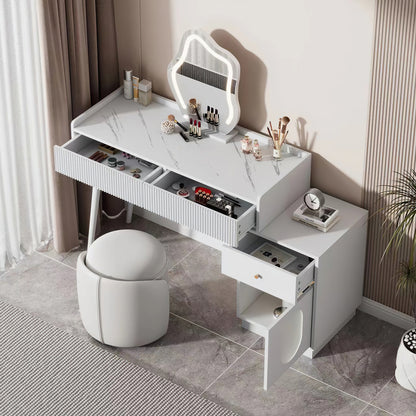 Schminktisch mit LED-Spiegel und Beleuchtung - Weißes Schminktisch-Set für Schlafzimmer mit drei geräumigen Schubladen und einer Tür (ohne Hocker)