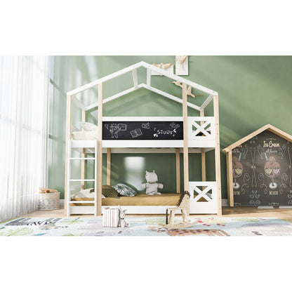 Kinderbett Baumhaus mit Rutsche & Leiter 90 x 200 cm, Hochbett für Kinder– 2x Lattenrost- Natur & Weiß