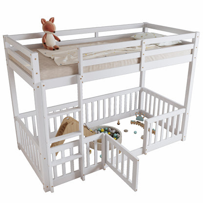 Etagenbett mit rechtwinkliger Treppe, Bett mit Zäune und Türchen, Kinderbett mit Fallschutz und Gitter, Massivholz, weiß (200x90cm)