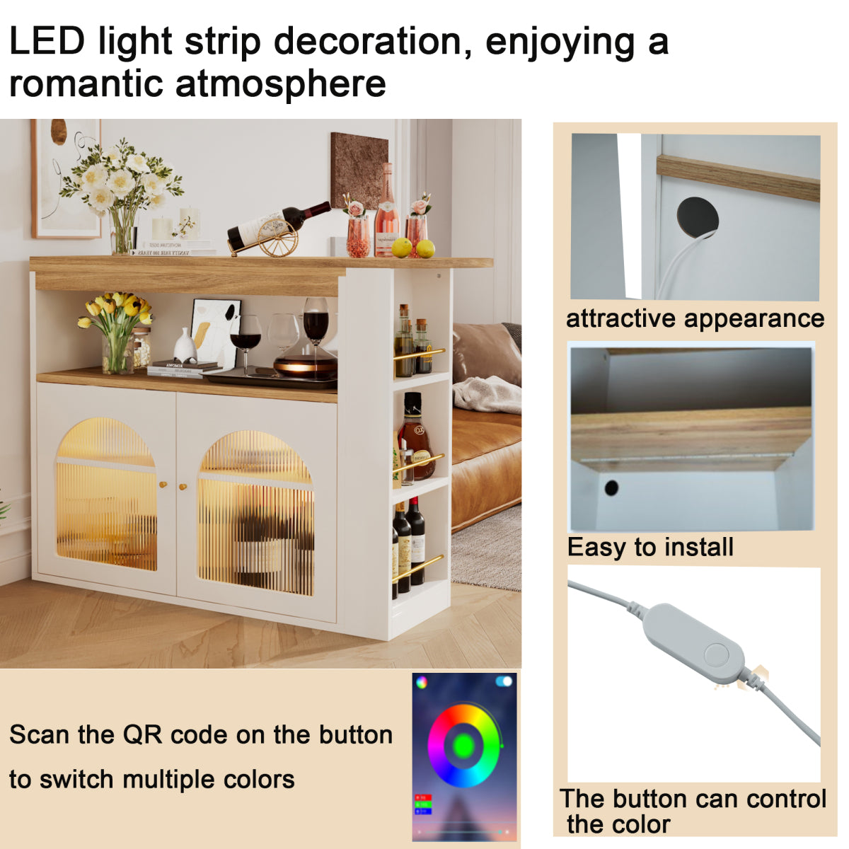 Bartisch ausziehbar 138-193cm, 360° drehbarer Stehtisch mit LED & Glasfront, Bistrotisch mit Regal, Esstisch mit Stauraum, Weiß