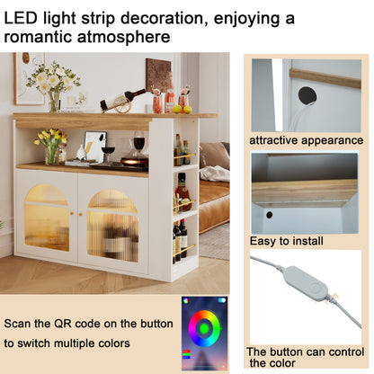 Bartisch ausziehbar 138-193cm, 360° drehbarer Stehtisch mit LED & Glasfront, Bistrotisch mit Regal, Esstisch mit Stauraum, Weiß