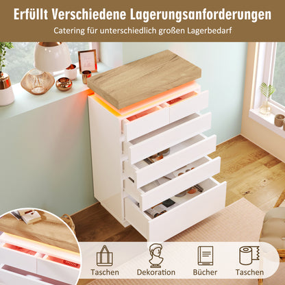 Kommode, Hochglanz Sideboard mit 6 Schubladen, LED Beleuchtung (App Control), Mehrzweckschrank für Wohnzimmer und Schlafzimmer, 115 x 73 x 39 cm, Weiß