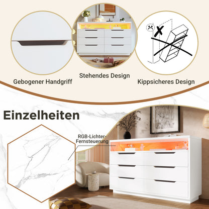 Sideboard, Kommode mit LED-Beleuchtung und 6 Schubladen, Staufach mit Marmorkorn, Moderner Schrank für Wohnzimmer und Schlafzimmer, 120x40x85cm, Weiß