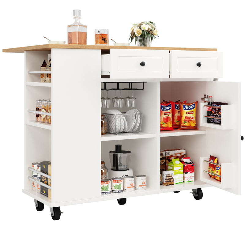 Kücheninsel mit herausnehmbaren Trennwänden, Küchenschrank, Esszimmerwagen mit Arbeitsplatte, Buffetschrank, Esszimmerwagen mit Holzmaserung, ausgestattet mit Snackhalter und Weinglasregal, weiß