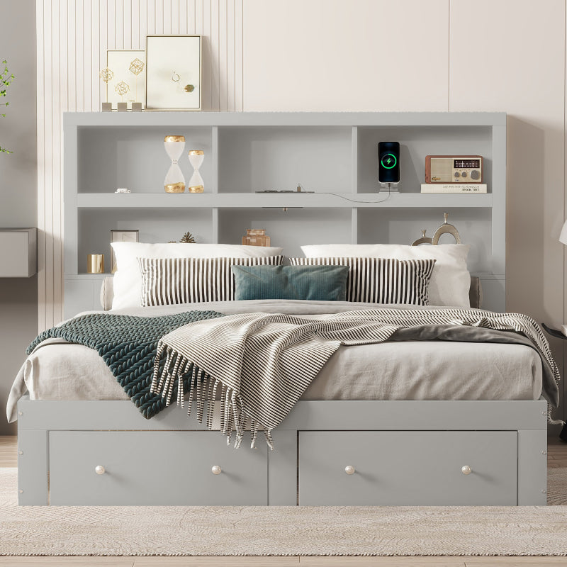 160*200cm Doppelbett, Kingsize-Plattformbett mit zwei Schubladen am Fußende des Bettes, Kopfteil mit Stauraum, Grau