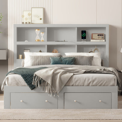 160*200cm Doppelbett, Kingsize-Plattformbett mit zwei Schubladen am Fußende des Bettes, Kopfteil mit Stauraum, Grau