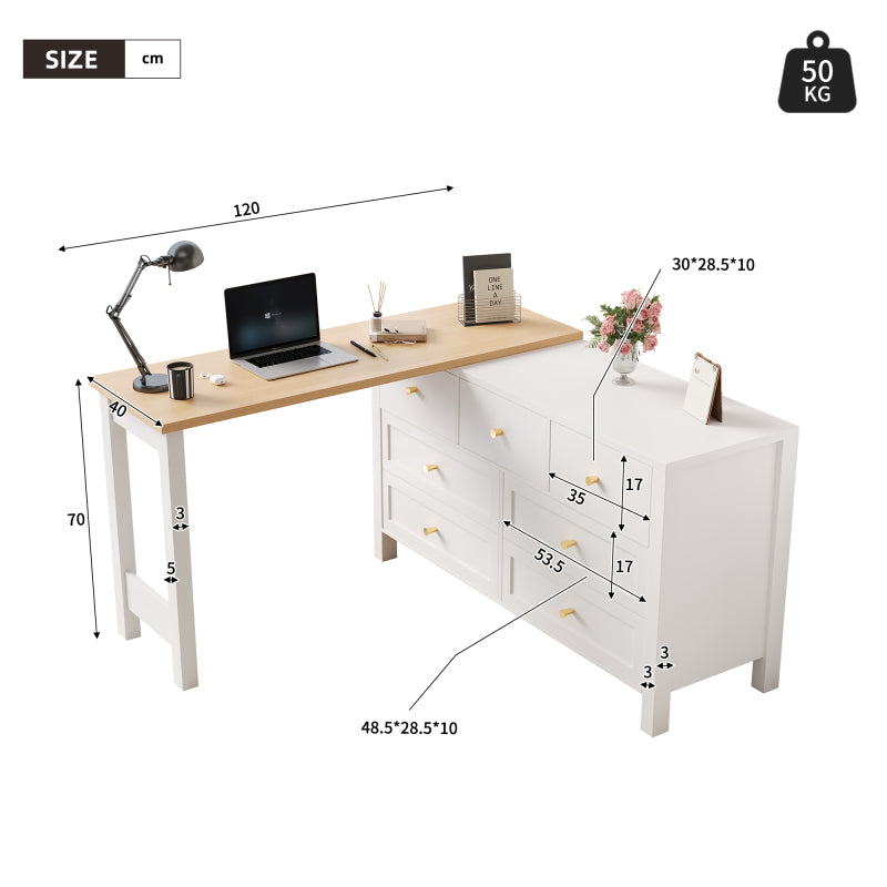 Schreibtisch mit 7-Schubladen Kommode -2-in-1 Dreh Werkbank und Sideboard, Eichenoptik, 360° drehbare Tischplatte, weiß / natur