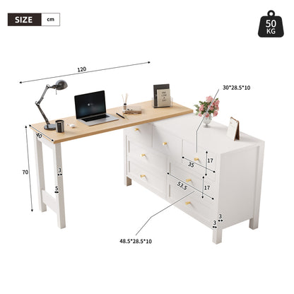 Schreibtisch mit 7-Schubladen Kommode -2-in-1 Dreh Werkbank und Sideboard, Eichenoptik, 360° drehbare Tischplatte, weiß / natur