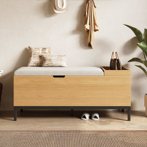 Sitzbank mit Stauraum 115 cm, Gepolsterte Truhenbank Holzoptik Natur, Stoffbezug Hellgrau, Flurbank